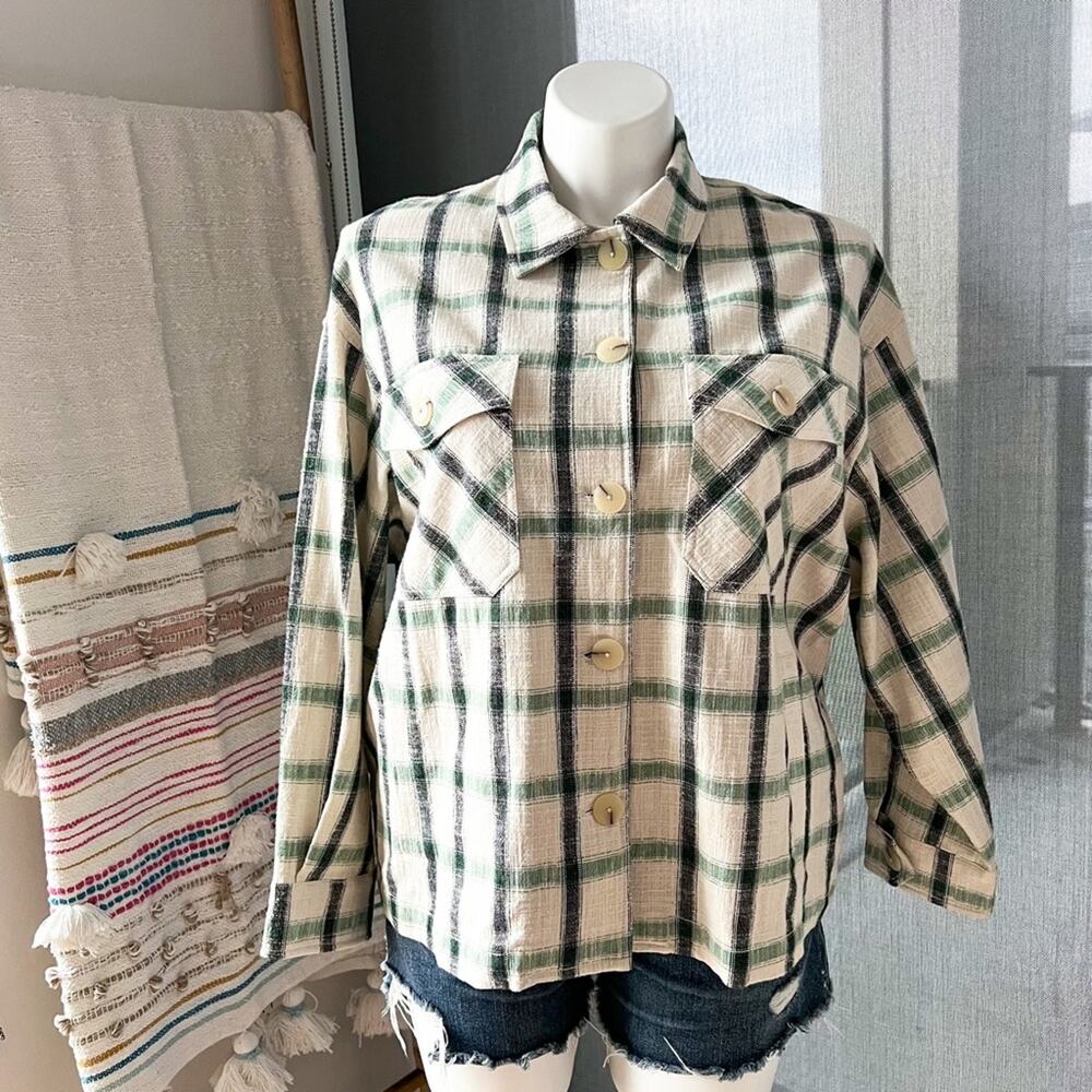ZARA Green Cream Plaid Oversized Button Down Overshirt Shacket Womens Size Large - Picture 2 of 10
